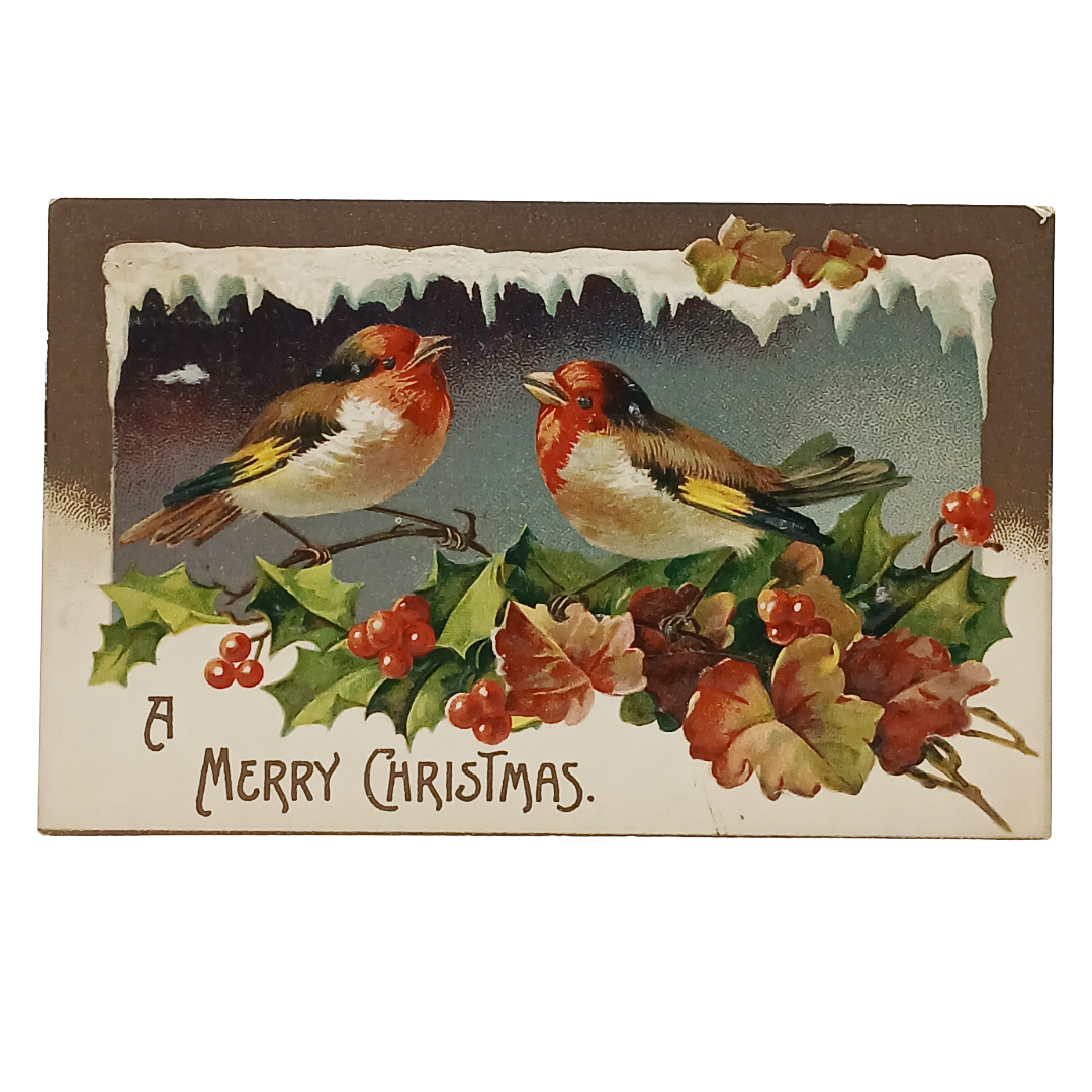 Christmas Postcard European Goldfinch Birds on Holly Branch IAP 1061