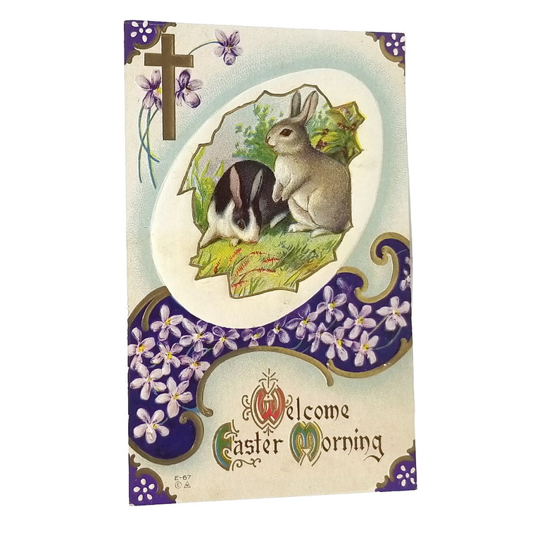 Easter Postcard Two Rabbits A Cross & Pansies Embossed Card