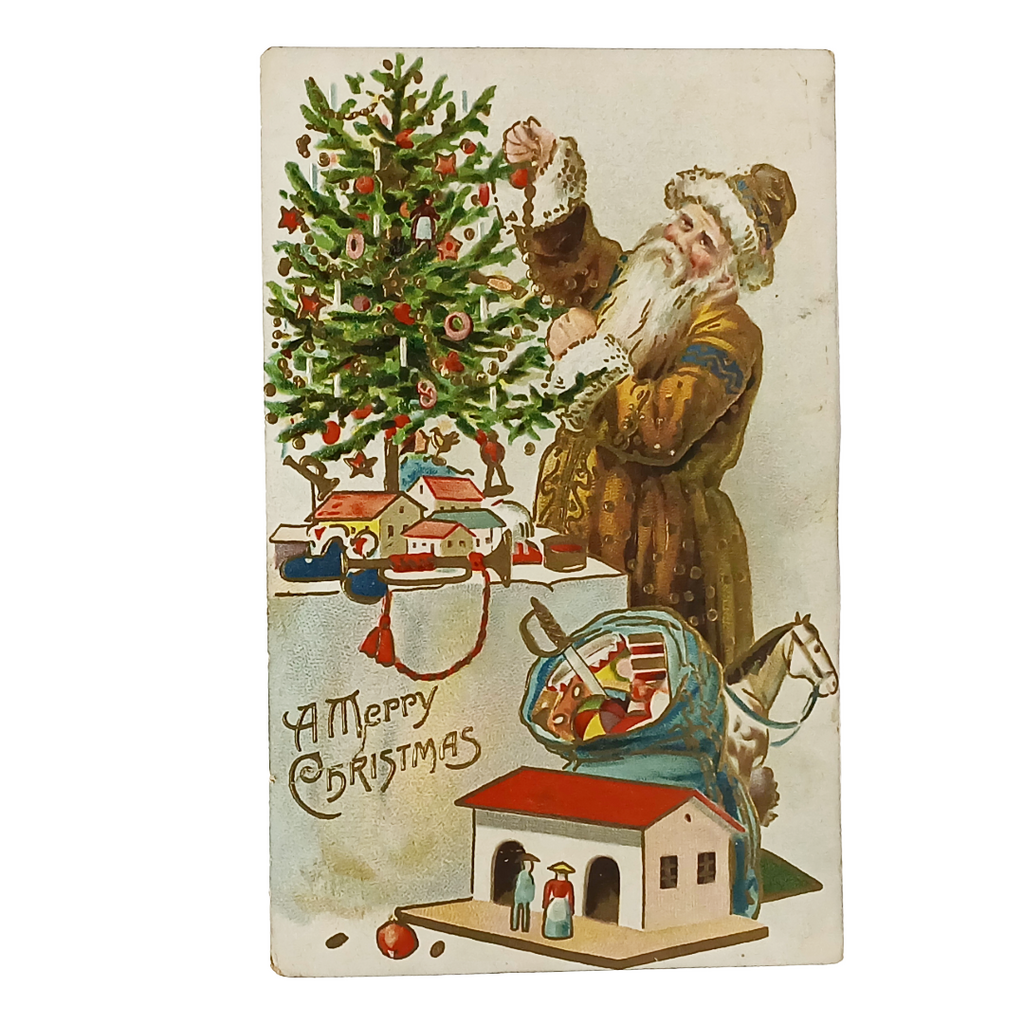 Christmas Postcard Old World Santa in Brown Robe Decorating Tree