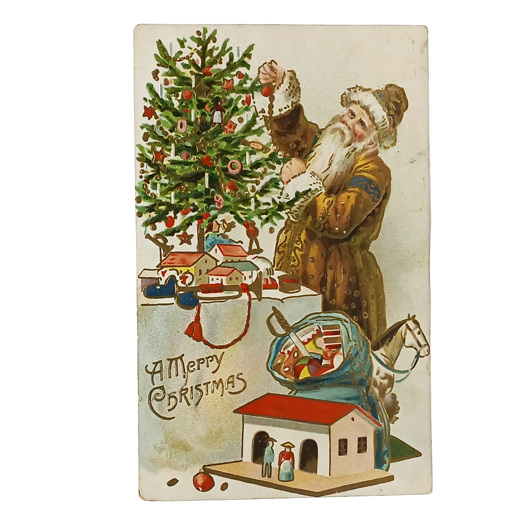 Christmas Postcard Old World Santa in Brown Robe Decorating Tree