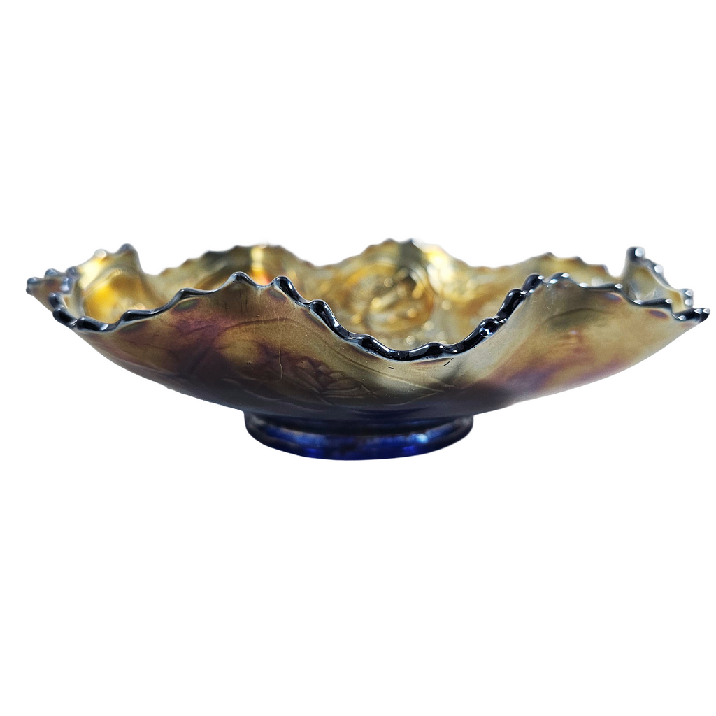 Fenton Dragon & Lotus Pattern Ruffled Cobalt Carnival Glass Bowl
