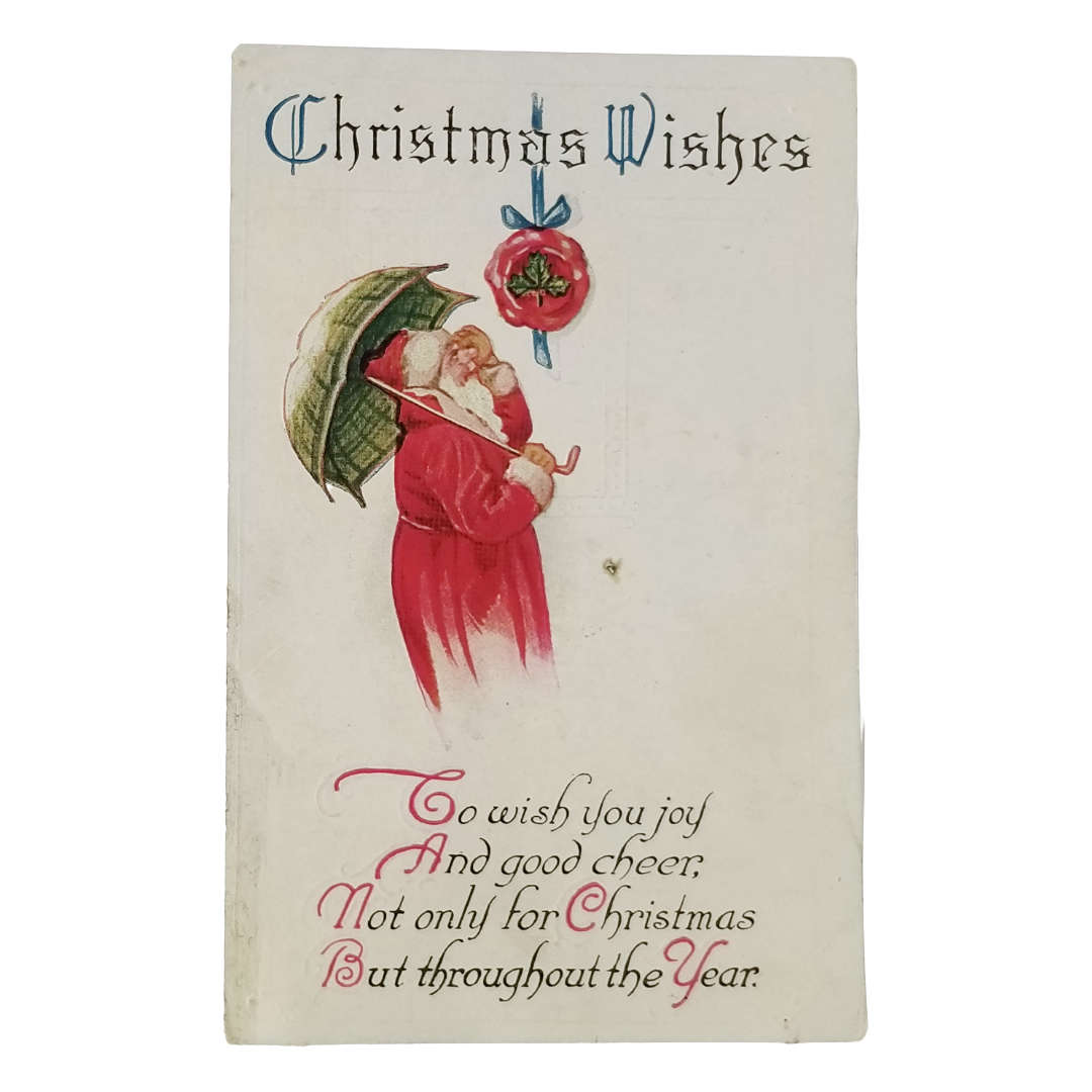 Antique Christmas Card, Santa Claus Under Umbrella Series 62
