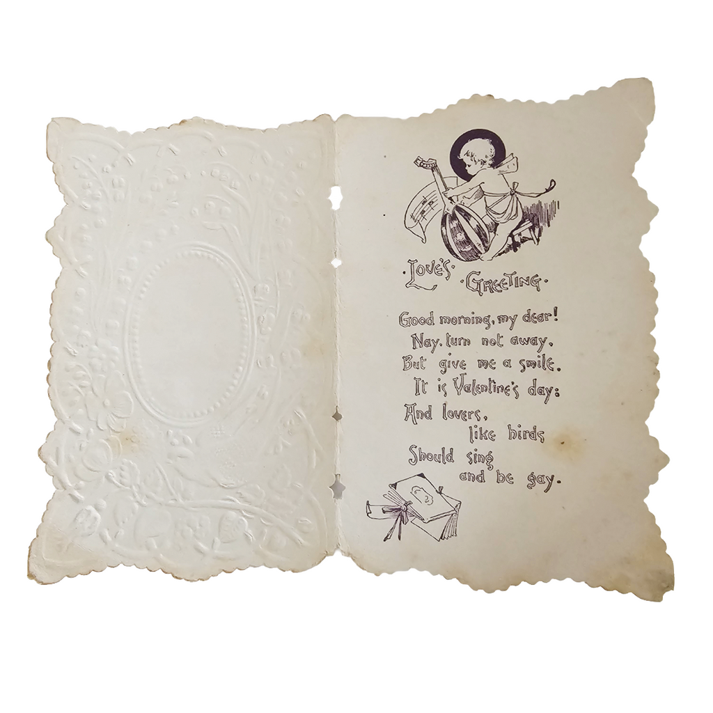 1800s Embossed Paper Die Cut Valentine Card Girl in Winter Bonnet