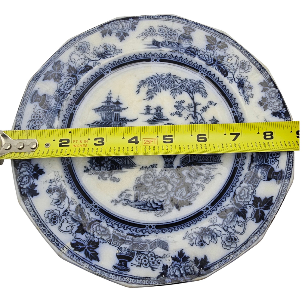 Antique English Flow Blue Ironstone Plate: W Adams & Sons Transferware, Oriental Chinoiserie Jeddo