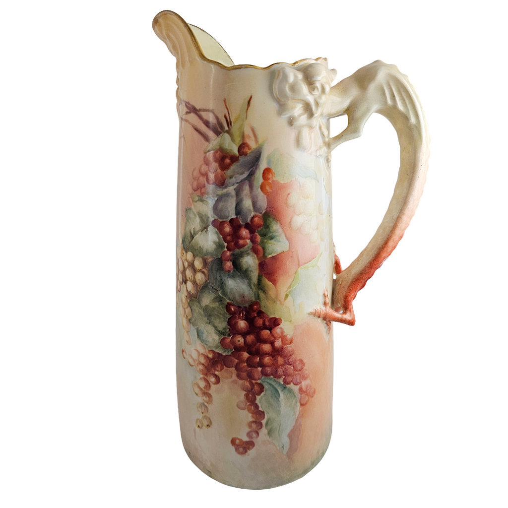 Limoges Porcelain Dragon Handle Man of North Jean Pouyat Red Currants Tankard Pitcher