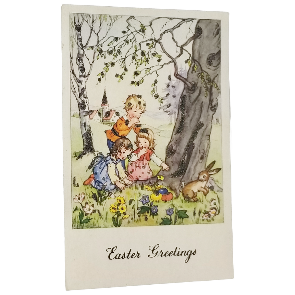 Easter Postcard Children Enjoying Egg Hunt with Bunny Rabbit