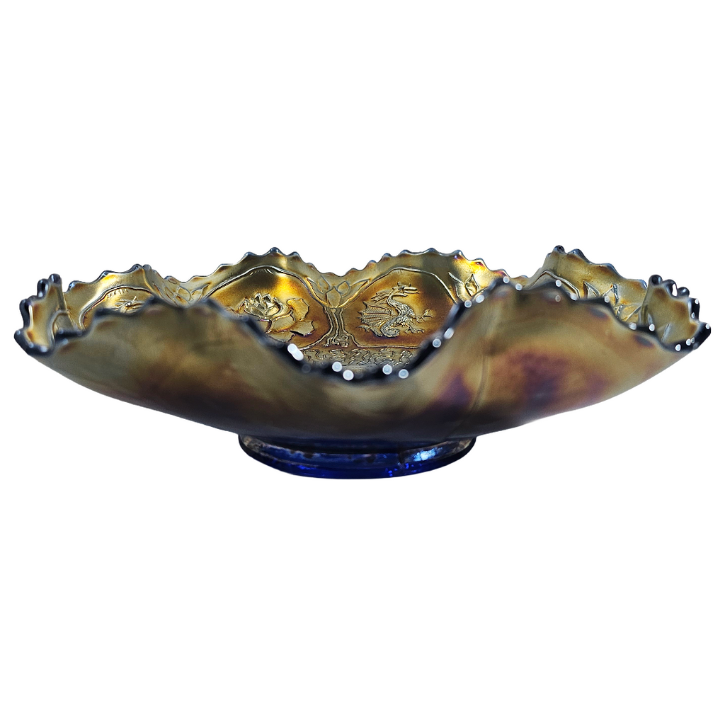 Fenton Dragon & Lotus Pattern Ruffled Cobalt Carnival Glass Bowl