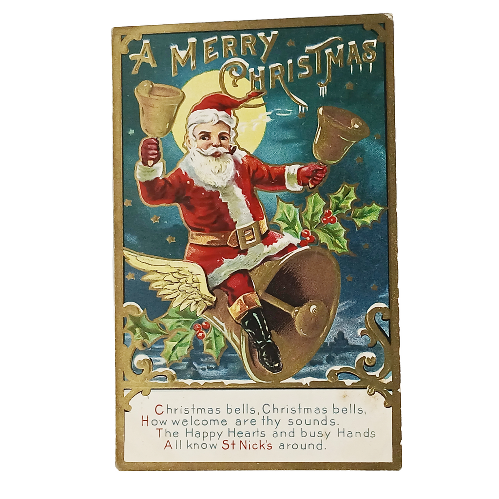 Christmas Postcard Kris Kringle Series 1 Santa on Flying Bell Gold Edition