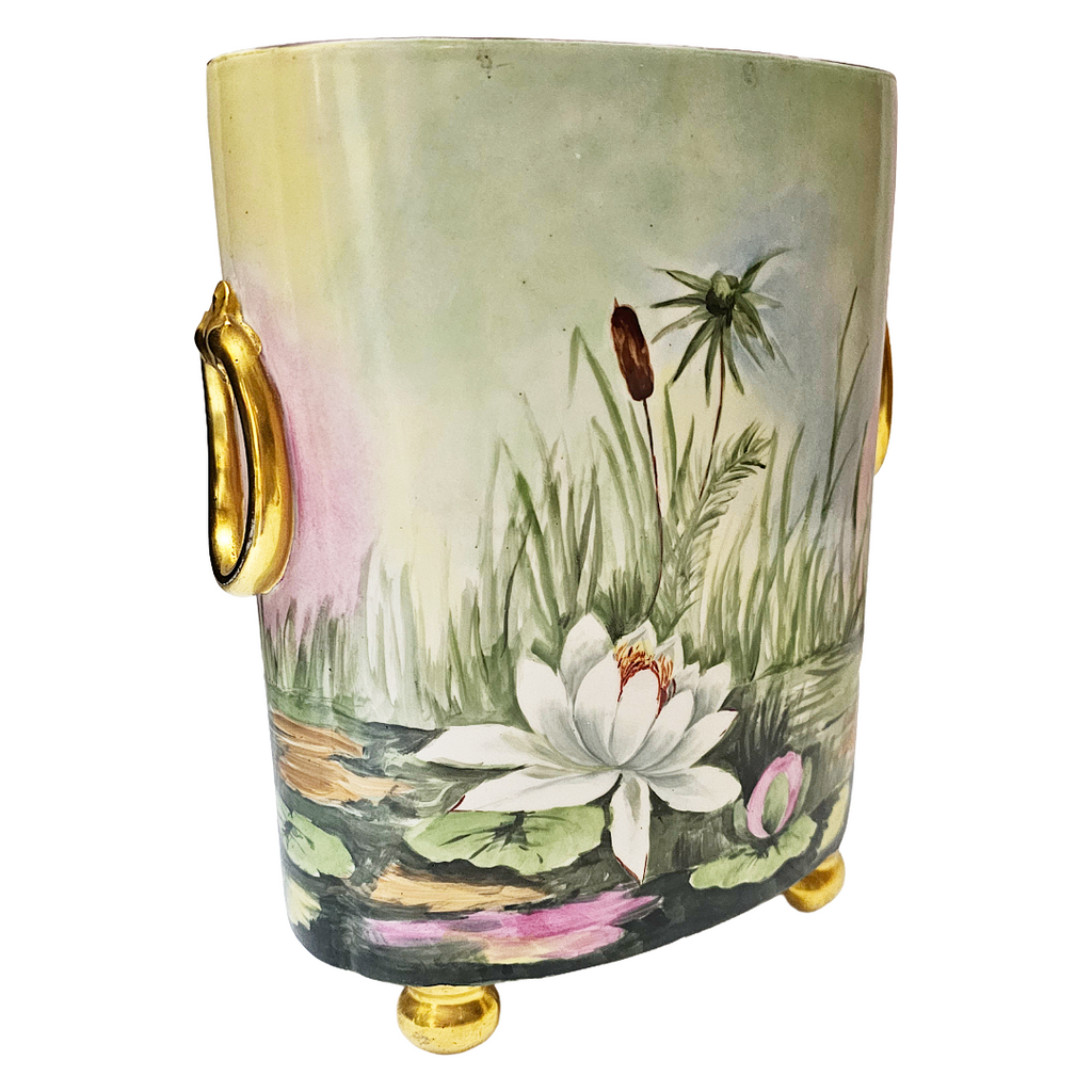Limoges French Porcelain Cachepot & Fernery Vase HP Swans and Waterlilies AS Hoffman
