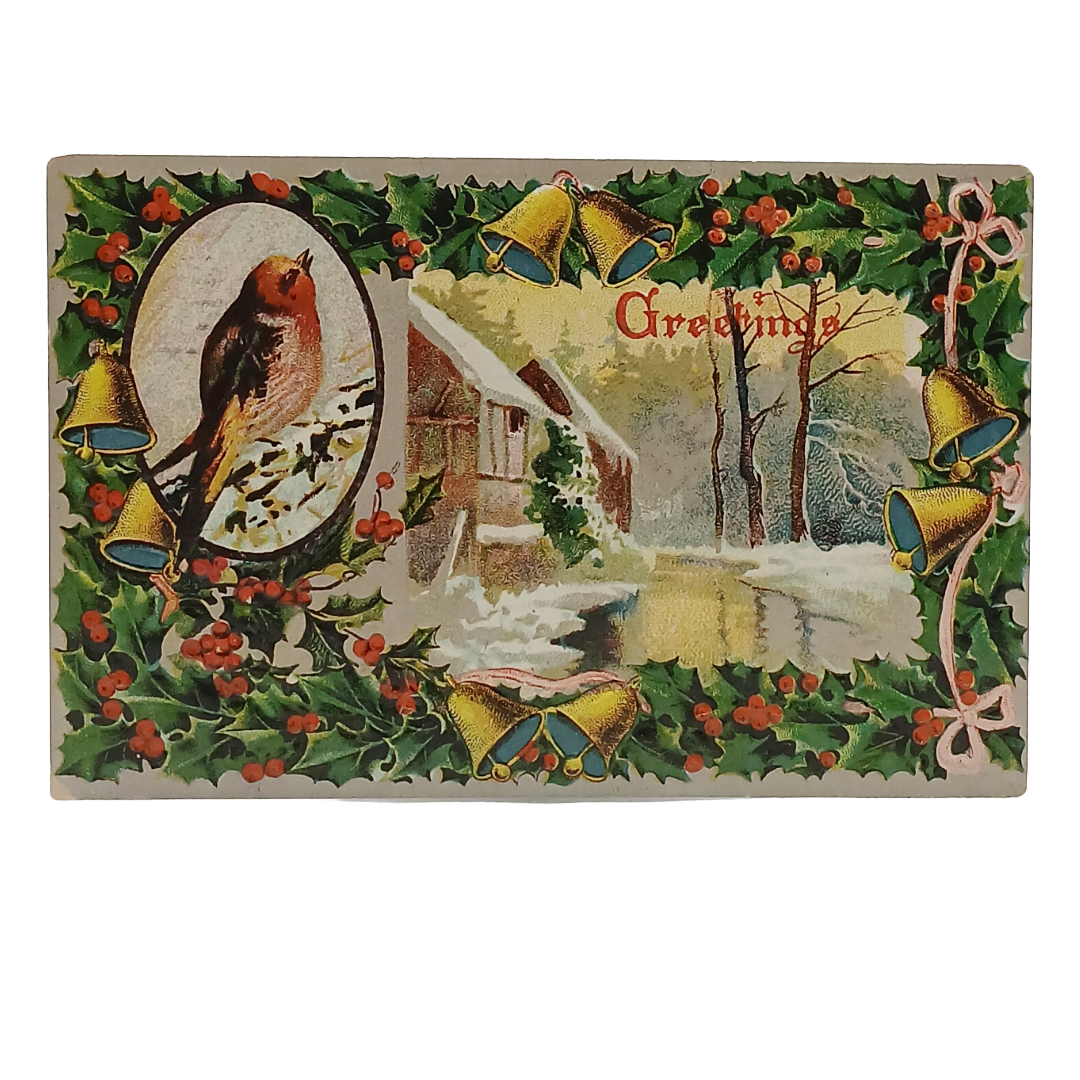 Christmas Postcard Song Bird in Winter Landscape Holly Border