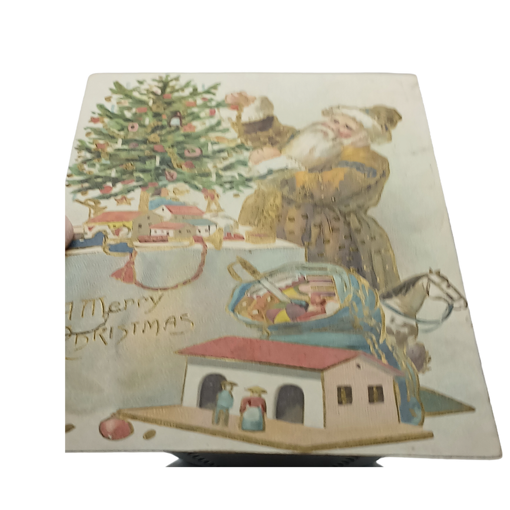 Christmas Postcard Old World Santa in Brown Robe Decorating Tree