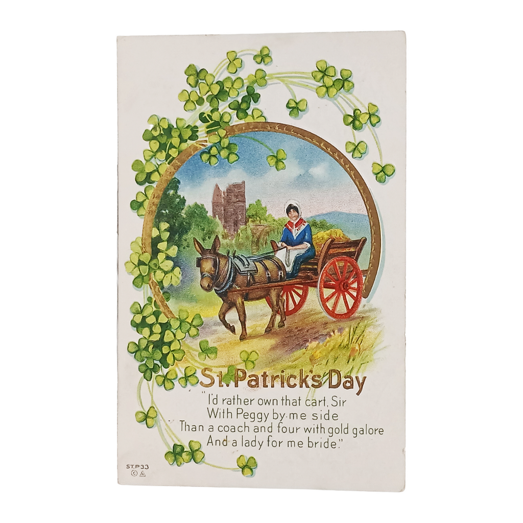 Saint Patrick's Day Postcard Woman w/ Cart Blarney Castle Clover