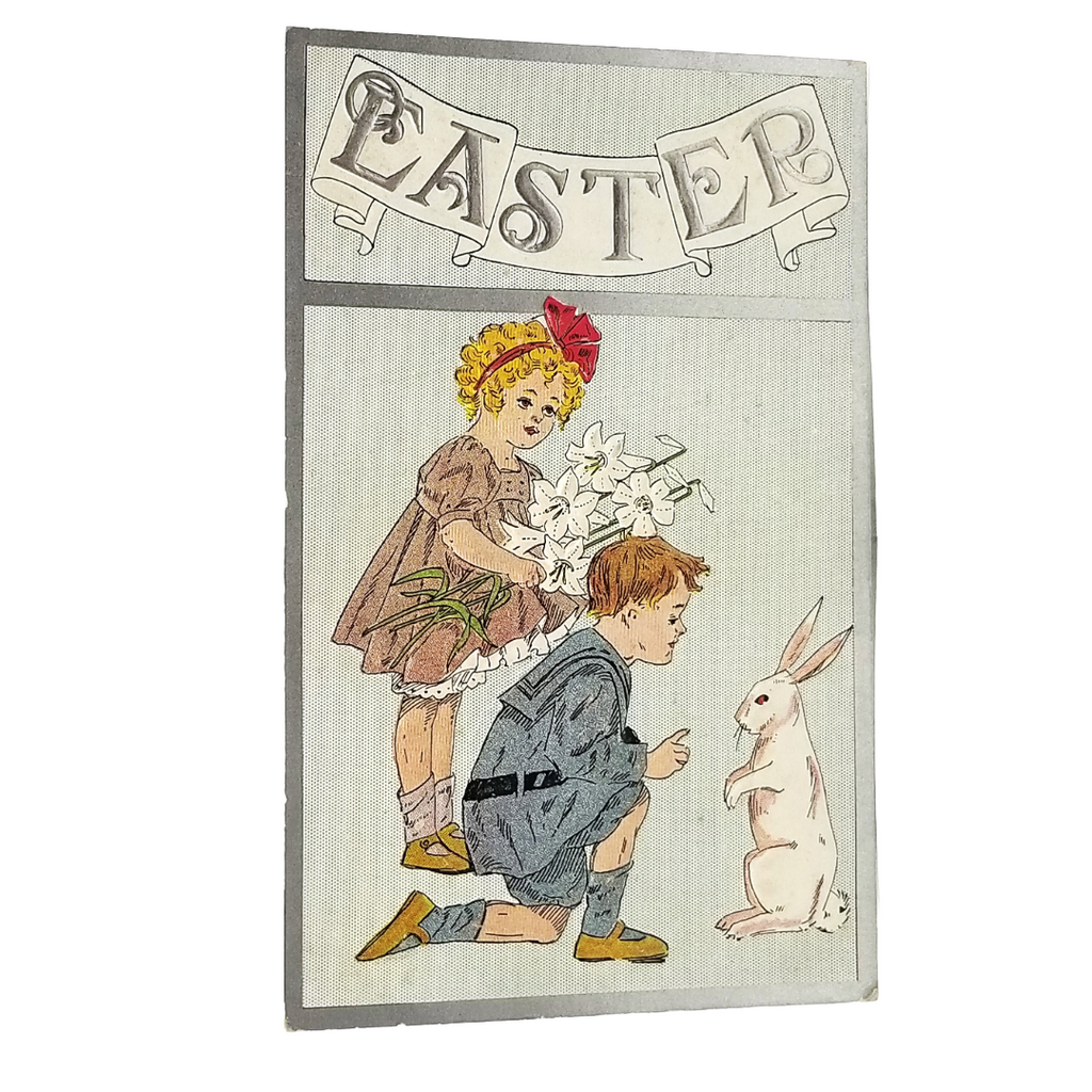 Easter Postcard Series 1007 Children w/ Lilies White Rabbit