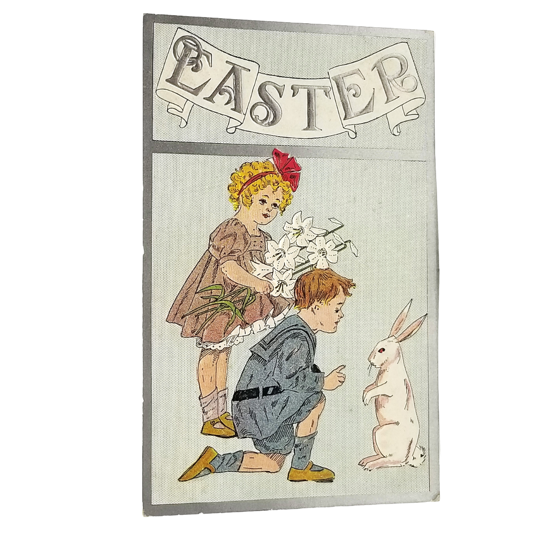 Easter Postcard Series 1007 Children w/ Lilies White Rabbit