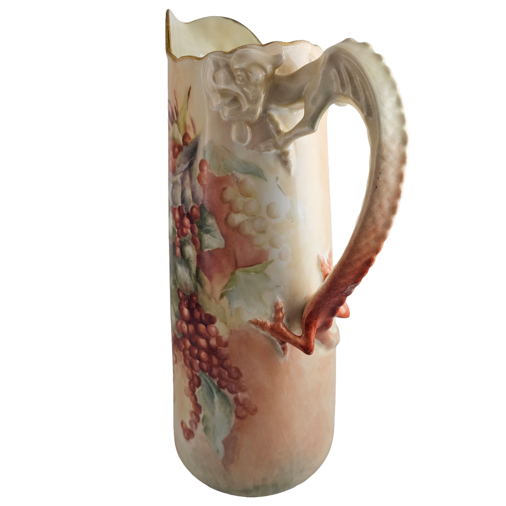 Limoges Porcelain Dragon Handle Man of North Jean Pouyat Red Currants Tankard Pitcher