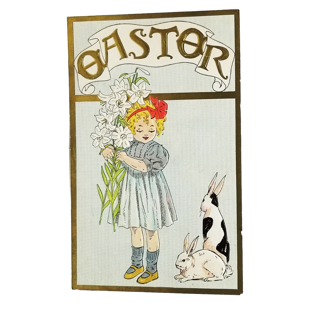 Easter Postcard Series 1007 Little Girl White Lilies Bunny Rabbits Gold Embossed