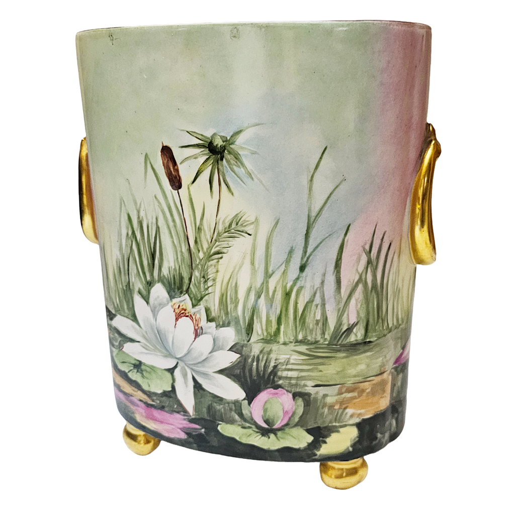 Limoges French Porcelain Cachepot & Fernery Vase HP Swans and Waterlilies AS Hoffman