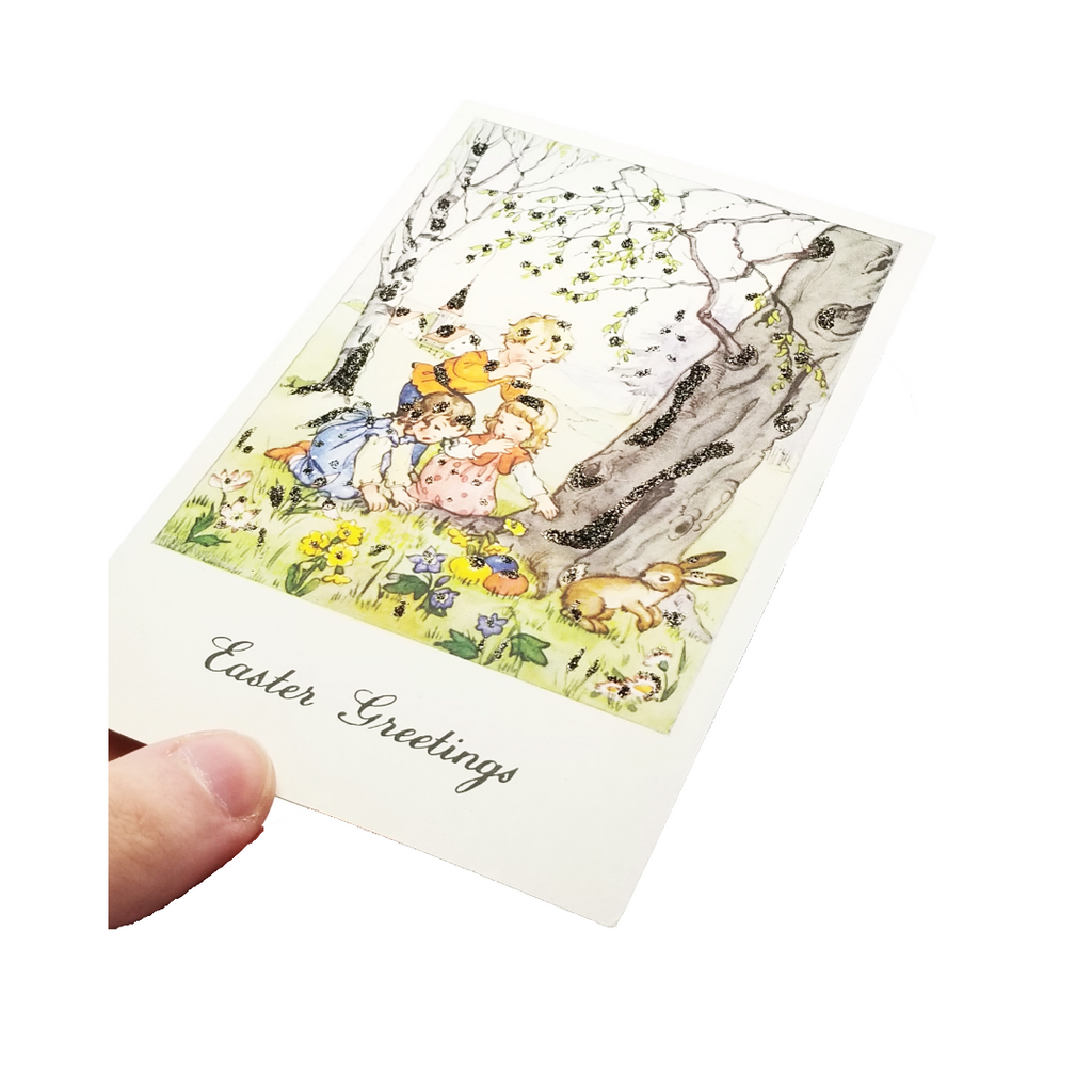 Easter Postcard Children Enjoying Egg Hunt with Bunny Rabbit
