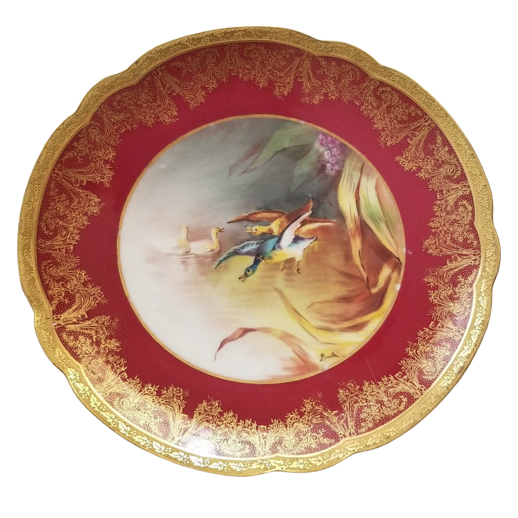 Antique Limoges 9 Piece Game Bird Service, Oval Platter with 8 Plates, Signed