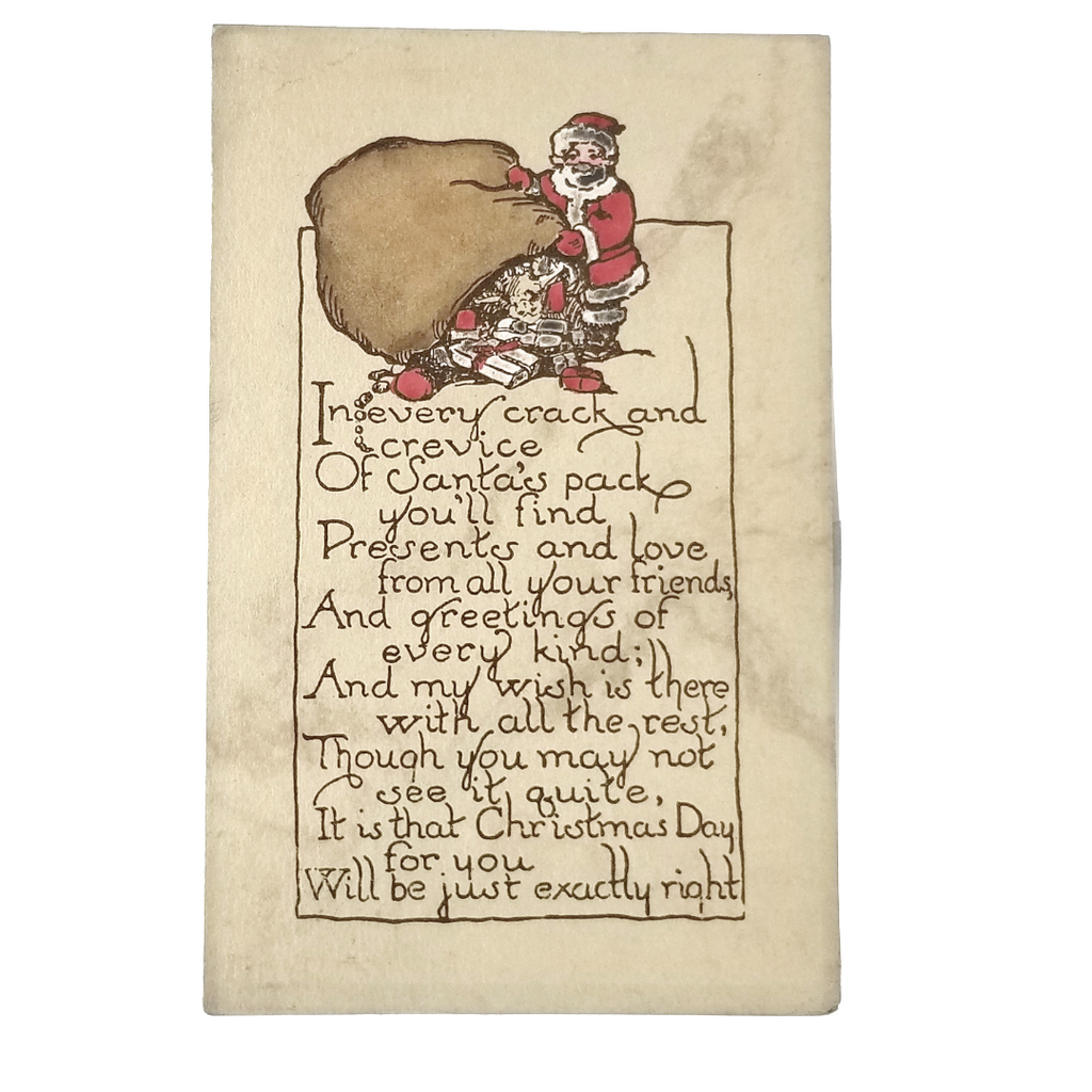 Antique Christmas Card, Comical Santa Claus Postcard w/ Gifts Bag