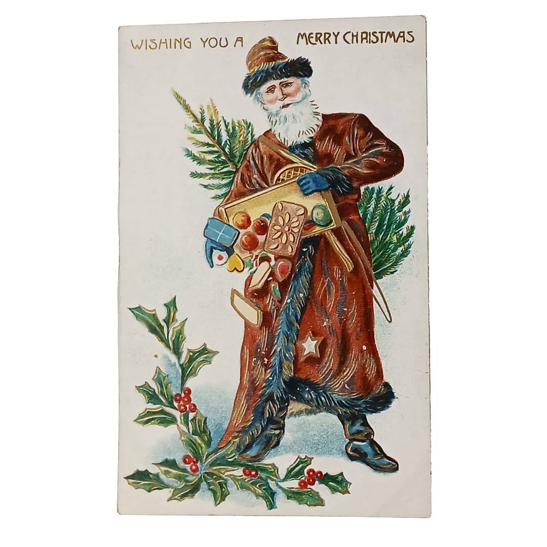 Santa Claus Christmas Postcard Old World St Nick in Brown Robe Carrying Box of Goodies and Tree