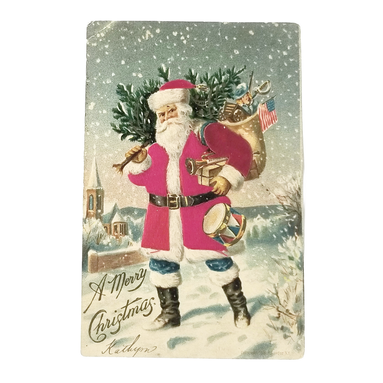Christmas Postcard Santa Claus w/ Applied Silk Suit Carrying Toy Bag in Snow