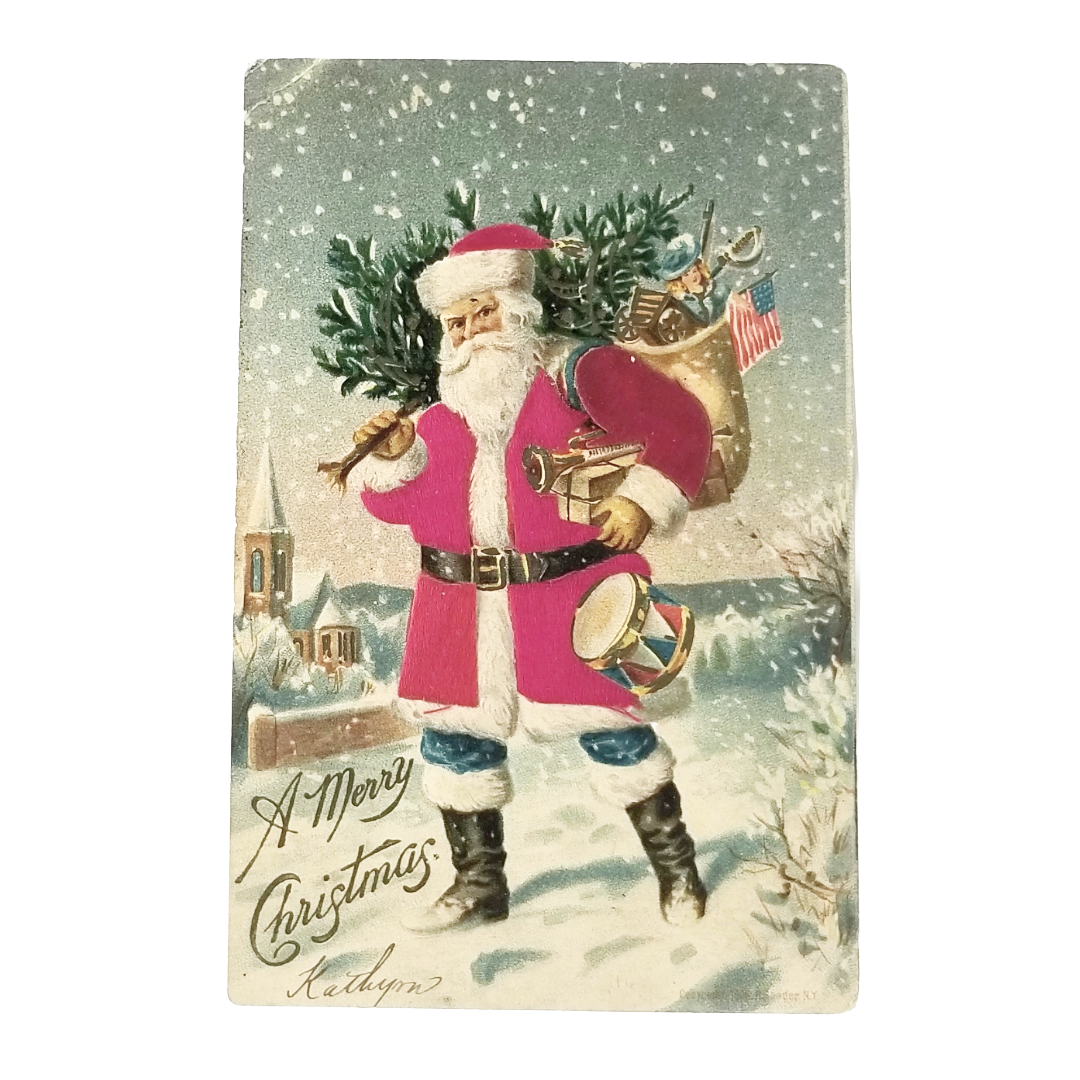Christmas Postcard Santa Claus w/ Applied Silk Suit Carrying Toy Bag in Snow