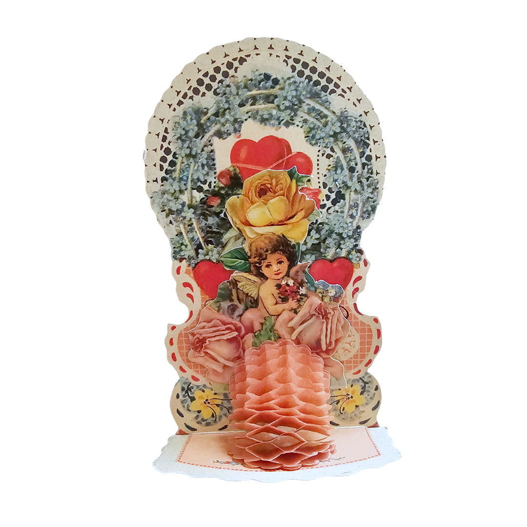 Vintage German Die Cut 3D Honeycomb Valentine's Card Cupid w/ Roses