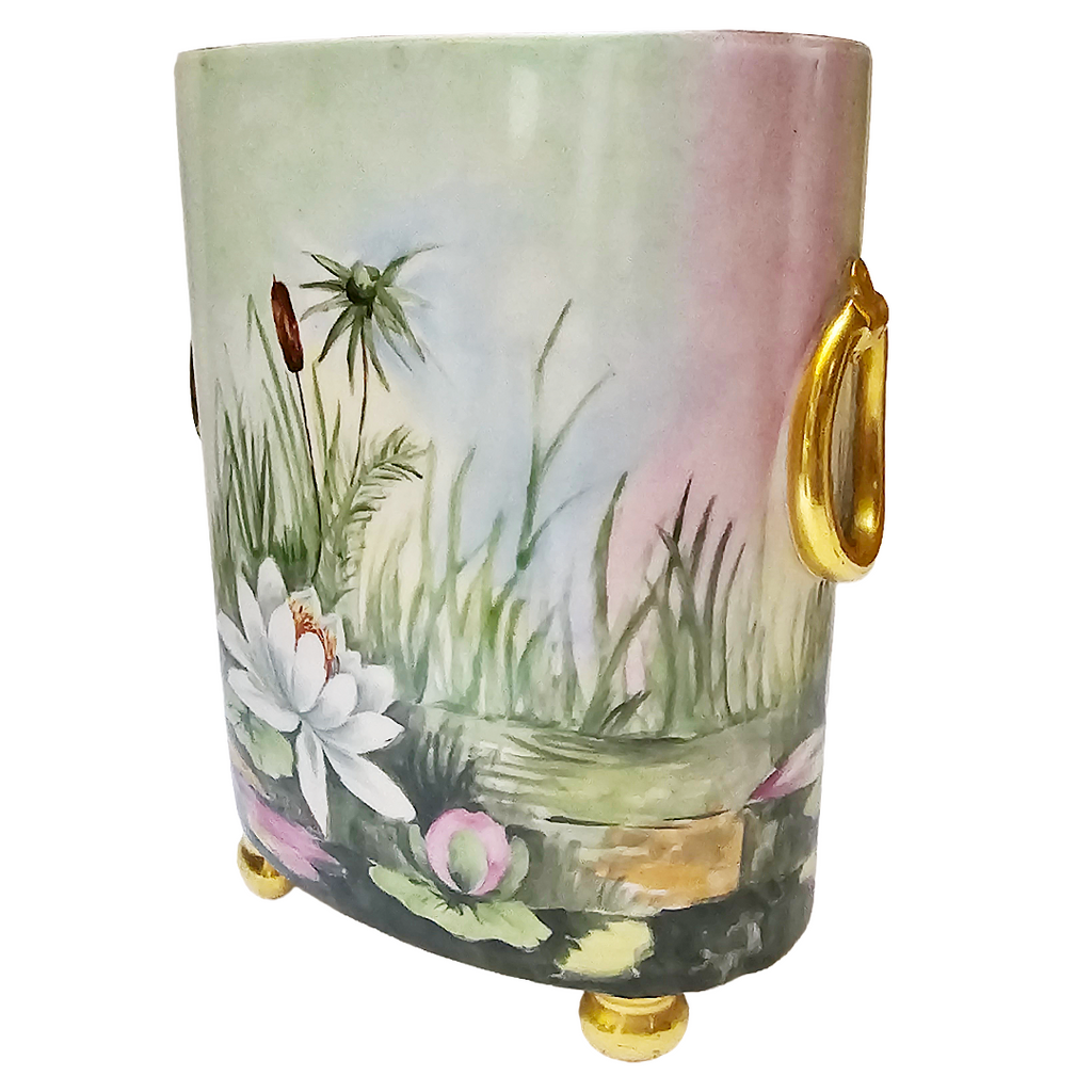 Limoges French Porcelain Cachepot & Fernery Vase HP Swans and Waterlilies AS Hoffman