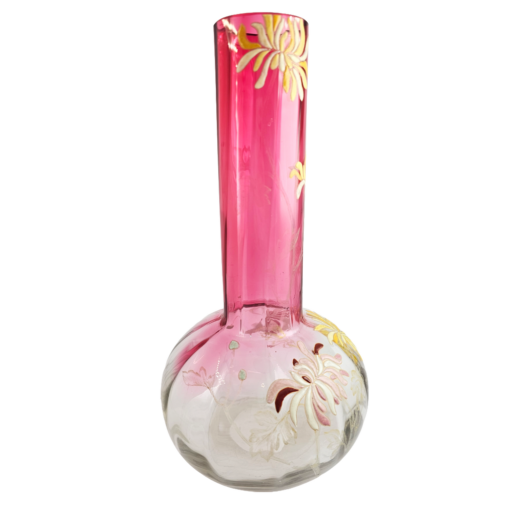 French Art Glass Chrysanthemums Vase, Legras St Denis Mont Joye Bottle Neck
