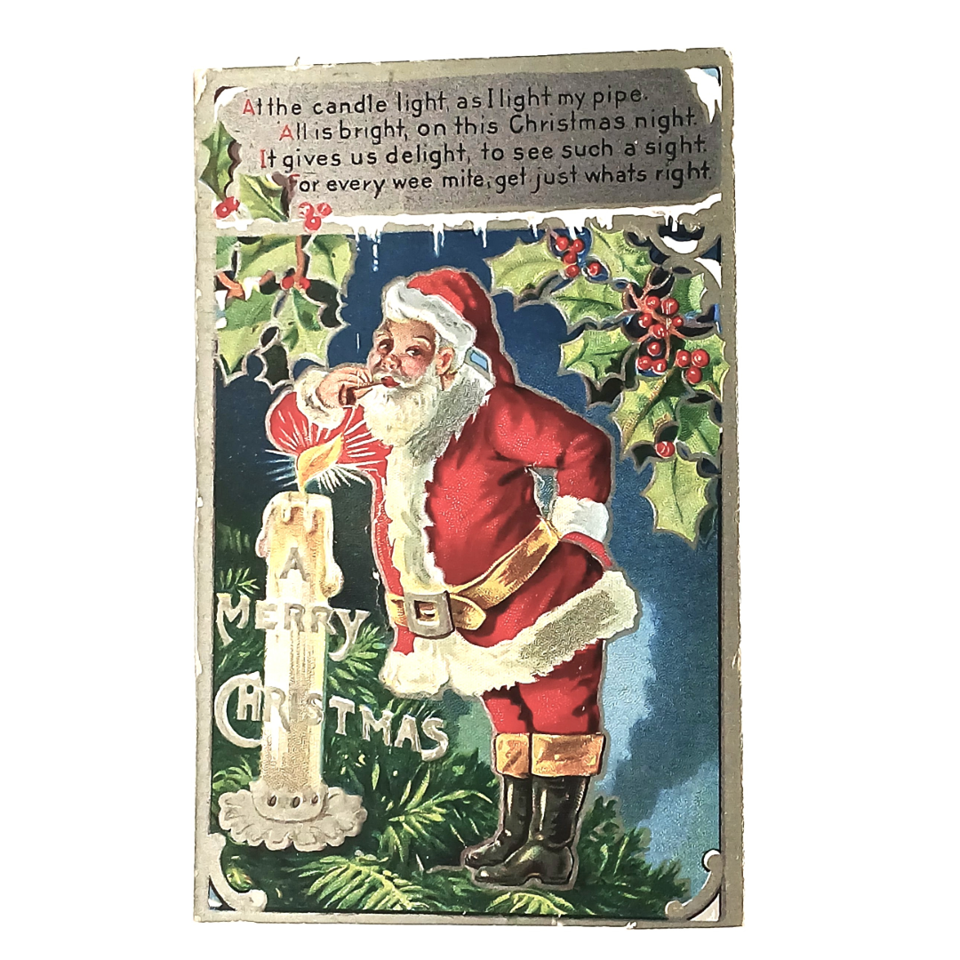 Christmas Postcard Kris Kringle Series 1 Santa Lighting Pipe on Candle