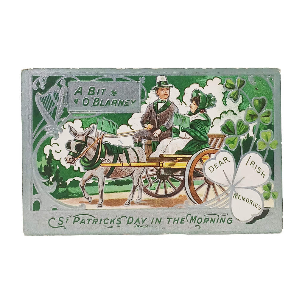 Saint Patrick's Day Postcard Silver Embossed Irish Couple in Carriage