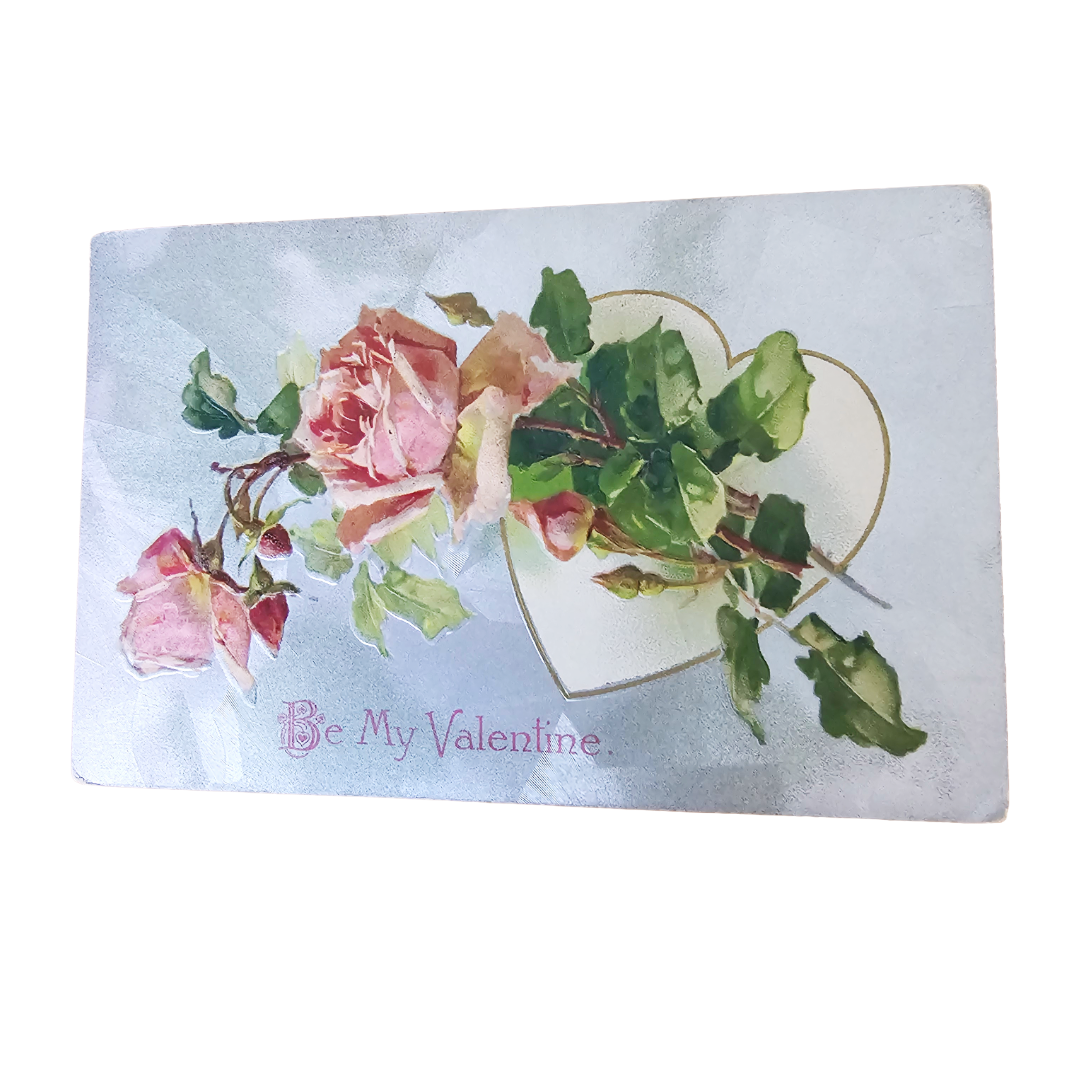 Valentine Postcard Silver Embossed Pink Roses Winsch Pub