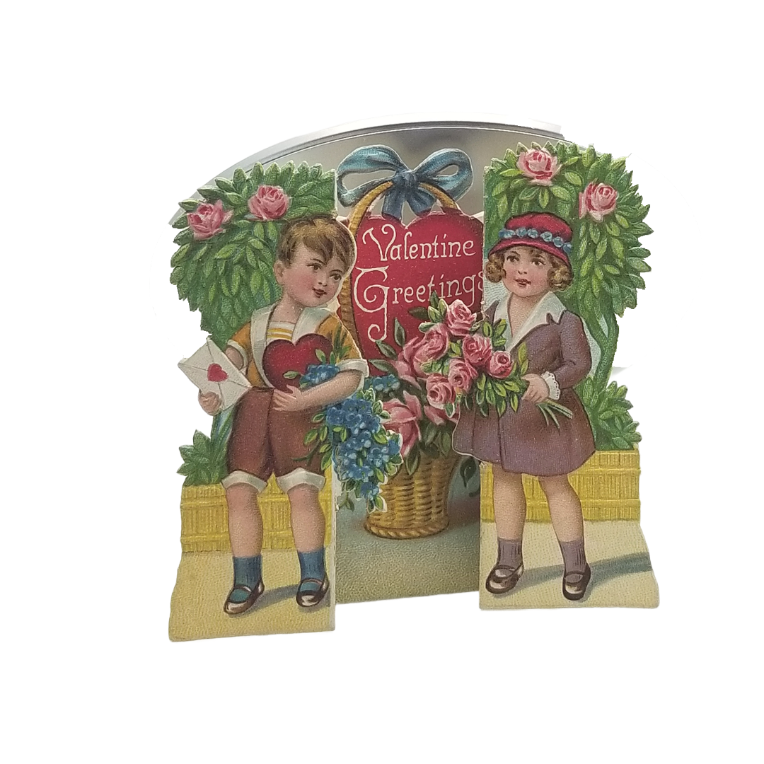 Vintage German Valentine Die Cut Card Fold Out Children Hearts Flowers Basket