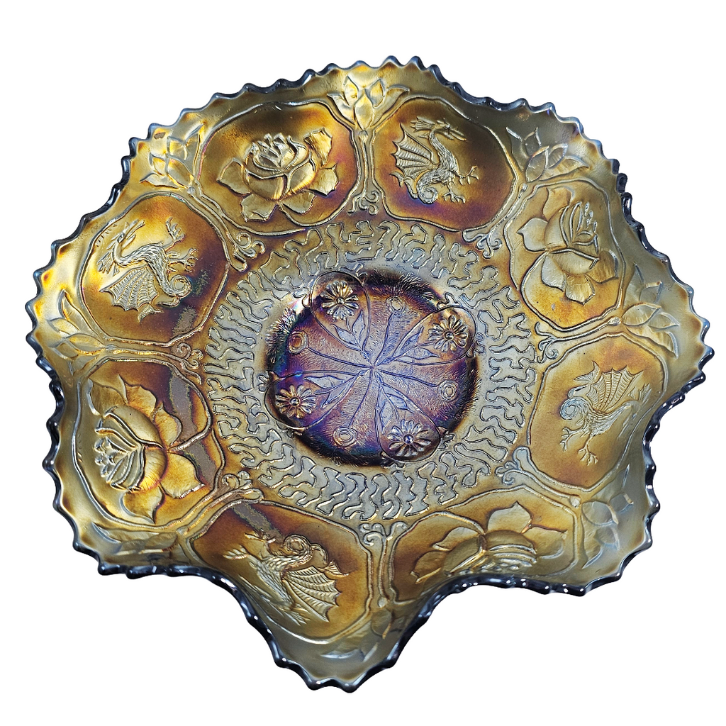 Fenton Dragon & Lotus Pattern Ruffled Cobalt Carnival Glass Bowl