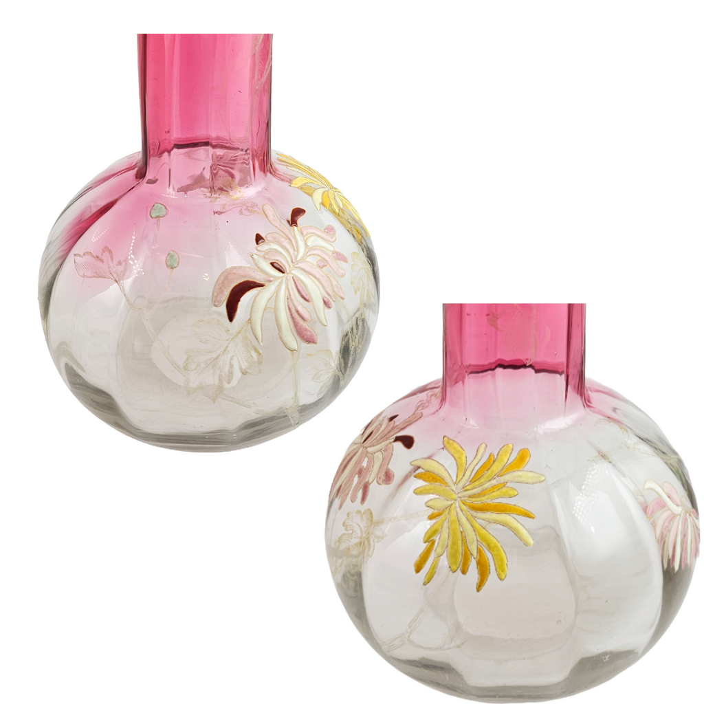 French Art Glass Chrysanthemums Vase, Legras St Denis Mont Joye Bottle Neck