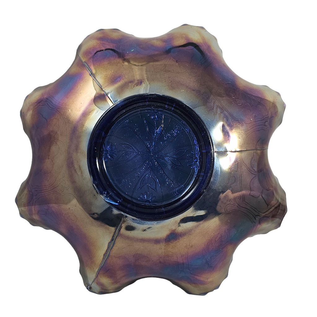 Fenton Dragon & Lotus Pattern Ruffled Cobalt Carnival Glass Bowl