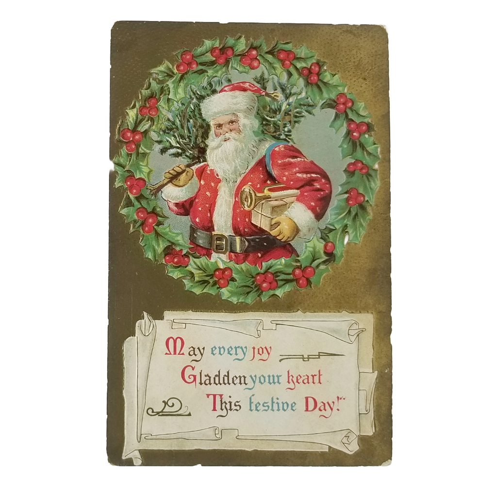 Antique Christmas Card, Victorian Santa Claus Holding Tree Gold Background