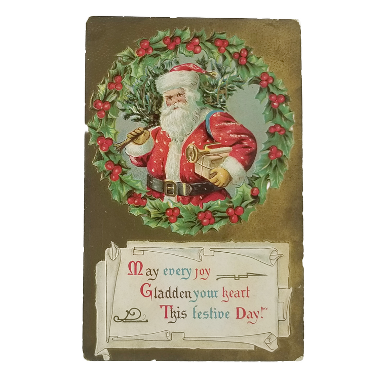 Antique Christmas Card, Victorian Santa Claus Holding Tree Gold Background