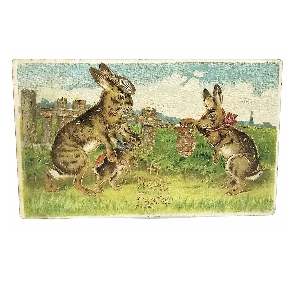 Easter Postcard Bunny Rabbit Family Holding Eggs Gold Embossed