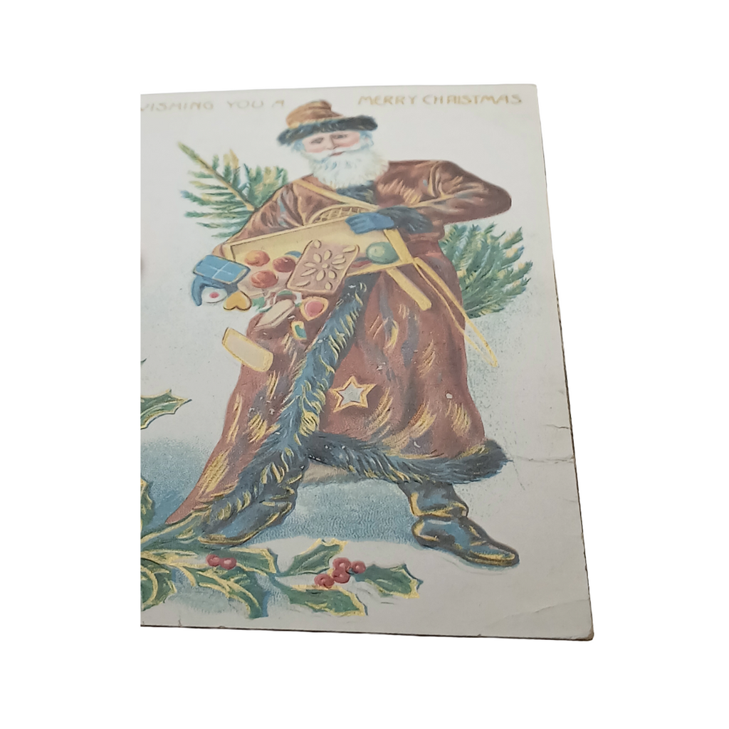 Santa Claus Christmas Postcard Old World St Nick in Brown Robe Carrying Box of Goodies and Tree