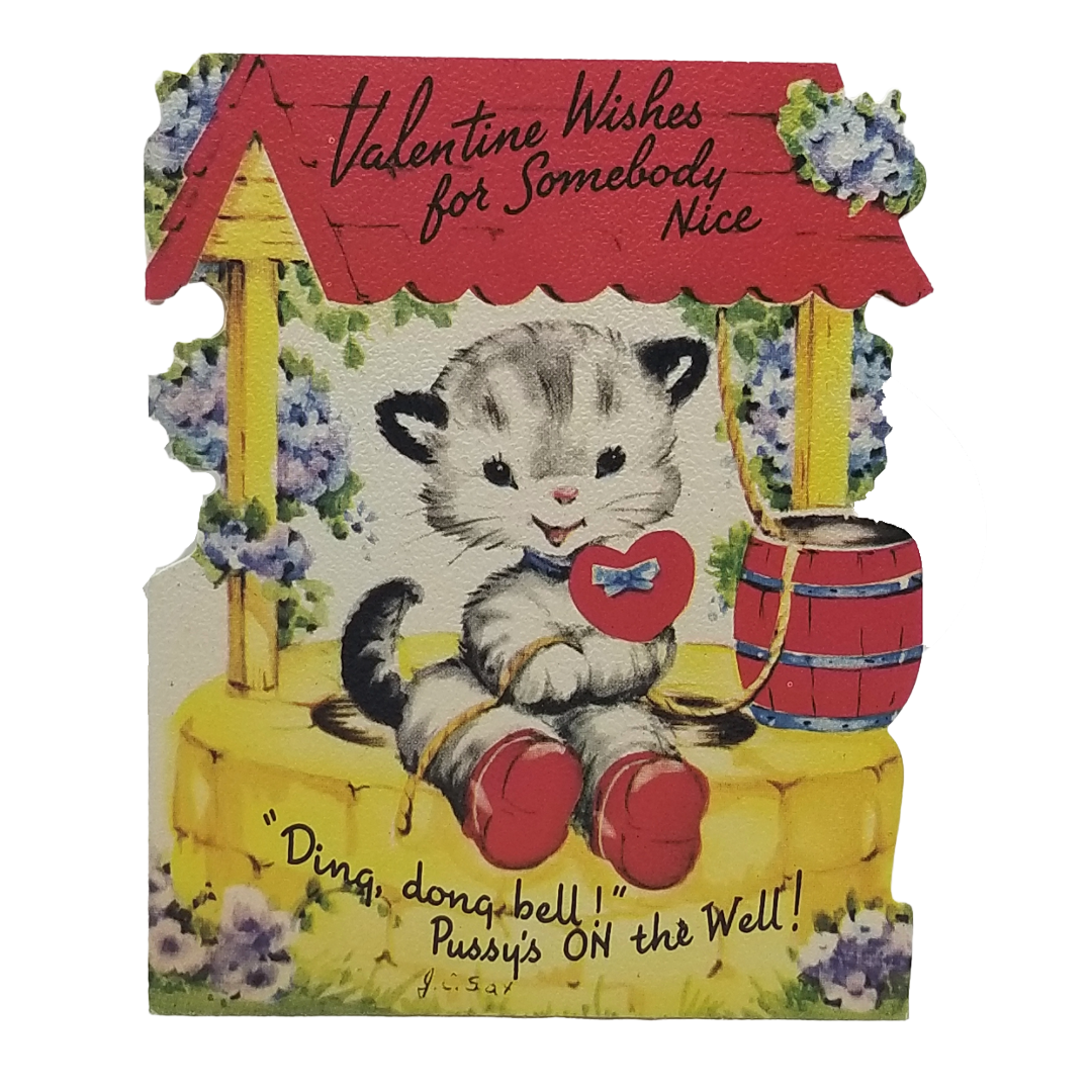 Vintage Die Cut Valentine Hallmark Card Kitten at Water Well