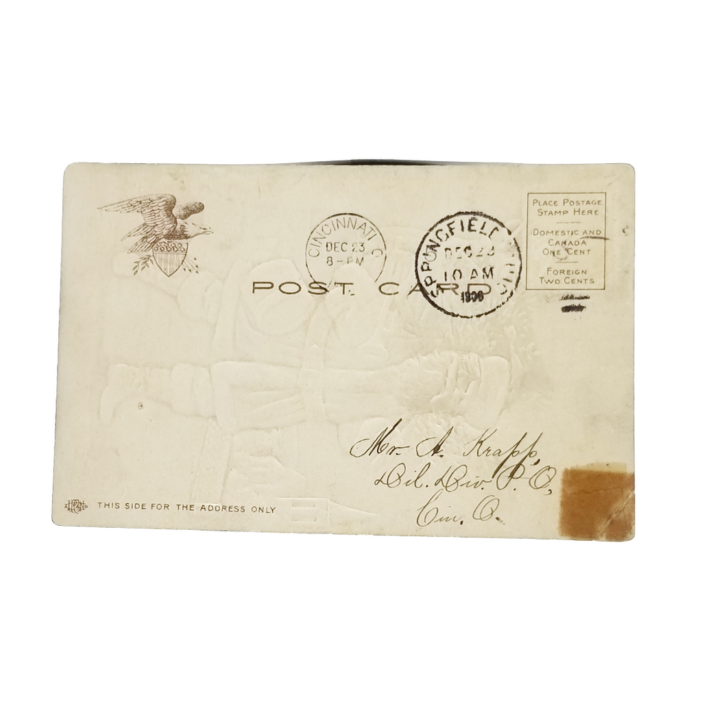 Christmas Postcard Santa Claus w/ Applied Silk Suit Carrying Toy Bag in Snow