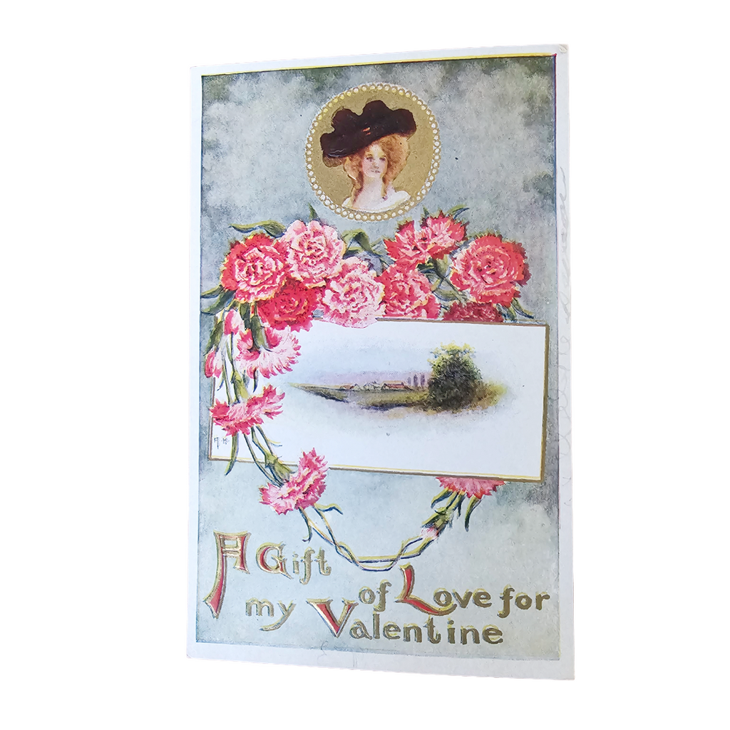 Valentine Postcard Gold Embossed Victorian Woman  Pink Flowers Landscape