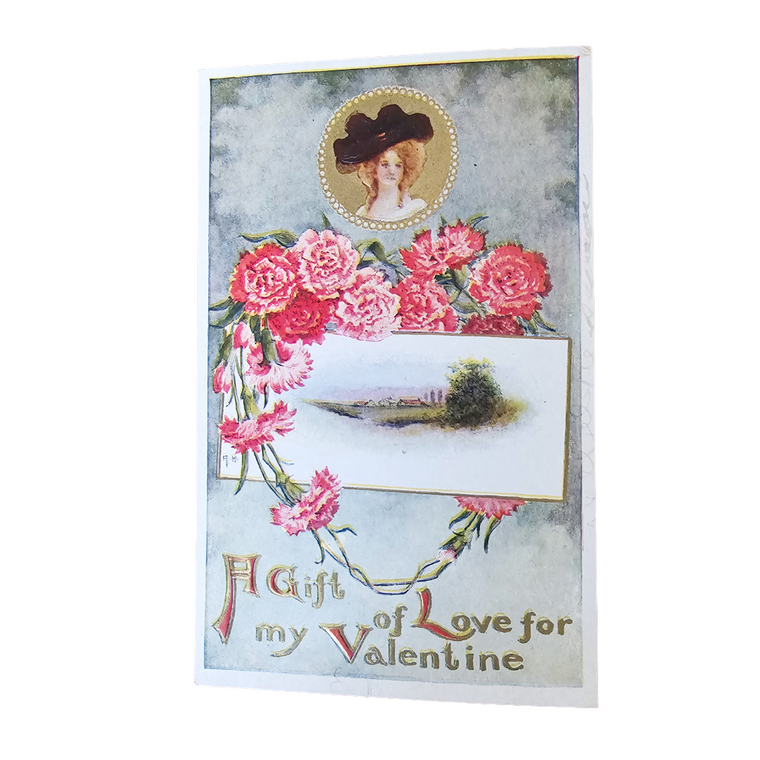 Valentine Postcard Gold Embossed Victorian Woman  Pink Flowers Landscape