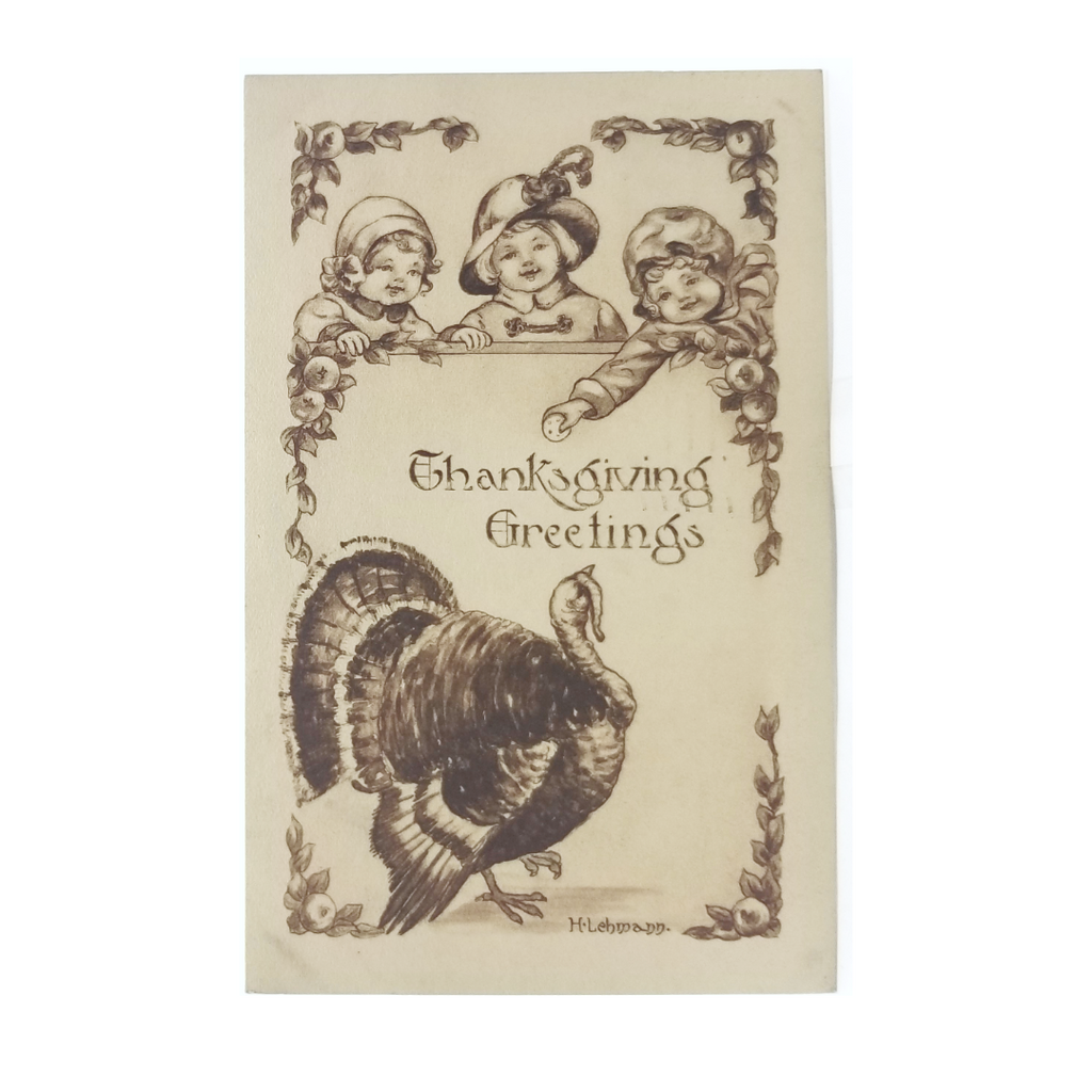Thanksgiving Postcard Sepia Turkey with Children Artist Signed