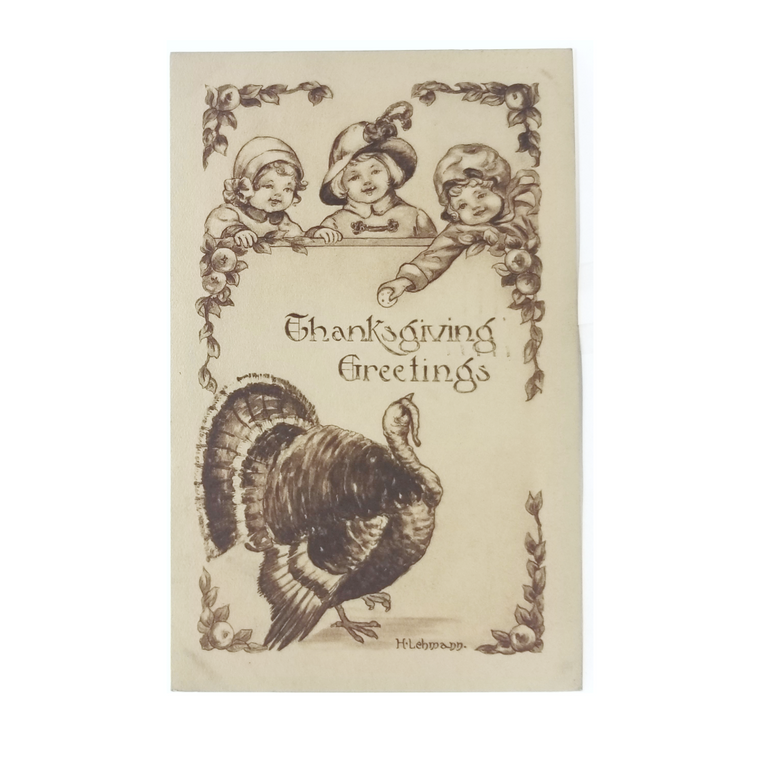 Thanksgiving Postcard Sepia Turkey with Children Artist Signed