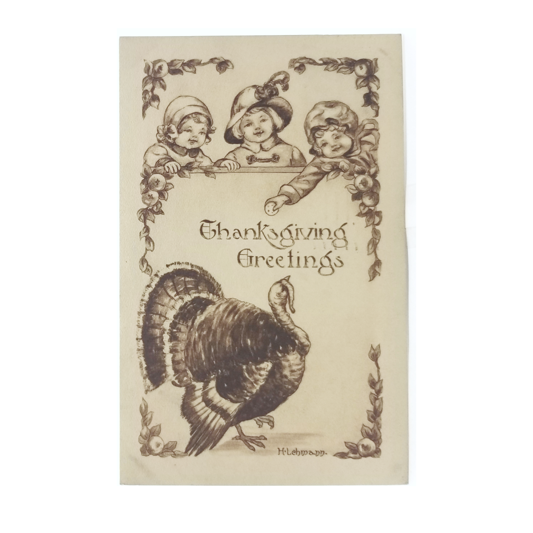 Thanksgiving Postcard Sepia Turkey with Children Artist Signed