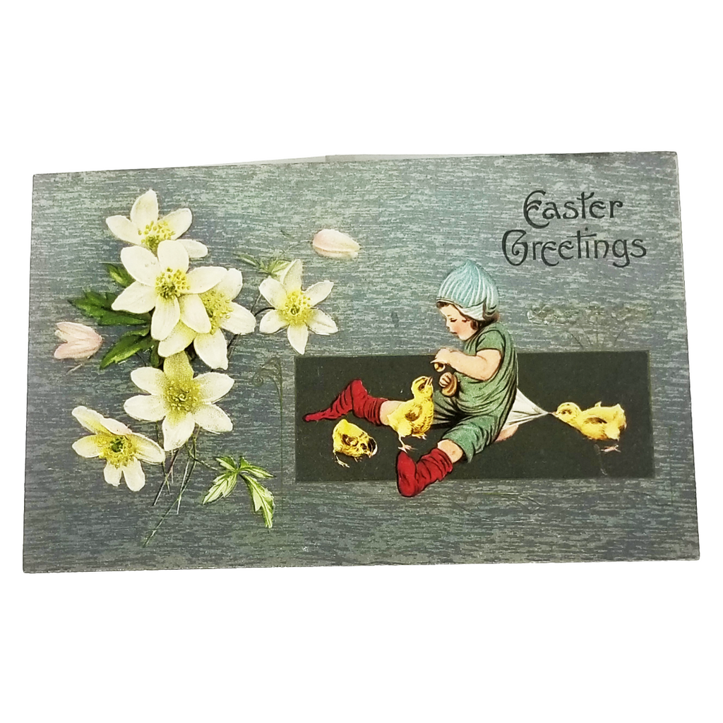 Easter Postcard Dutch Girl with Baby Chicks & Daffodils Winsch Pub