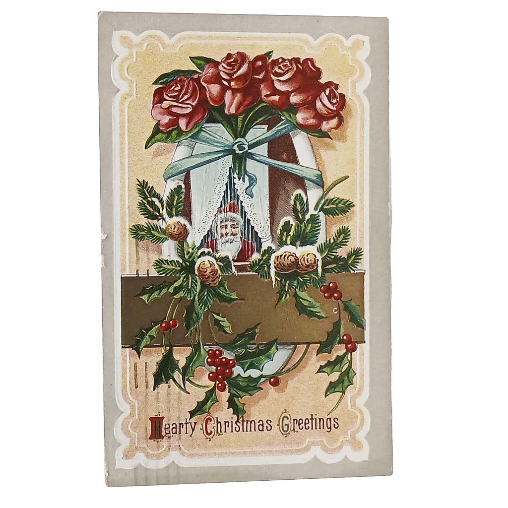 Christmas Postcard Santa Claus in Window, Roses, Pine Cones, Holly Border